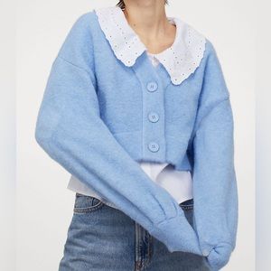 H&M Divided Wool Blend Cropped Balloon Sleeved Blue Cardigan
